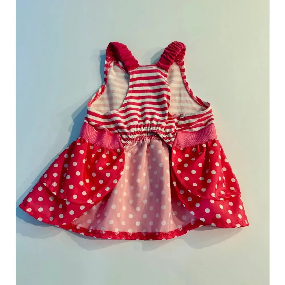 Pink Striped & Polka Dot Dog Dress - Rhinestone Bow Size Small